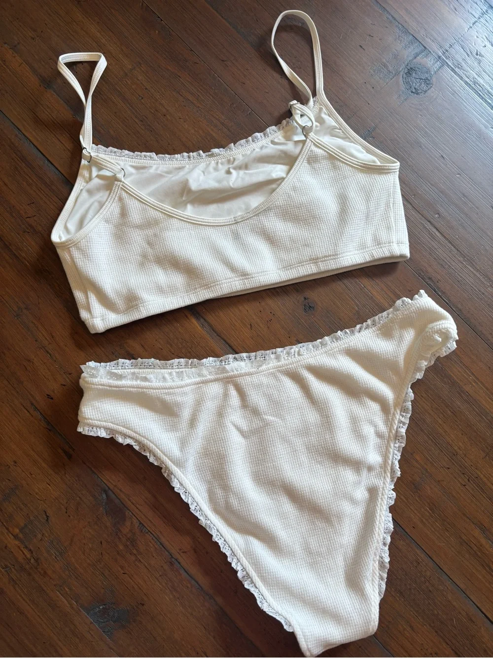 Frankie’s white waffle knit bikini set